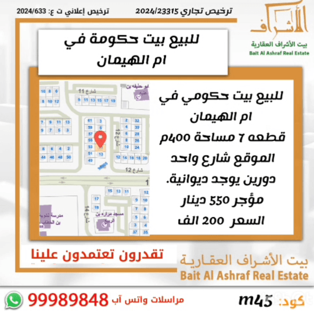 للبيع بيت حكومي فى ام الهيمان مؤجر