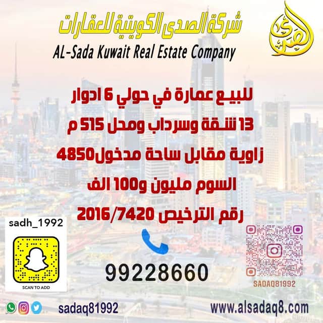 للبيع عمارة زاوية فى حولي