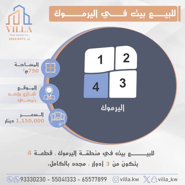 للبيع بيت فى منطقة اليرموك قطعة 4