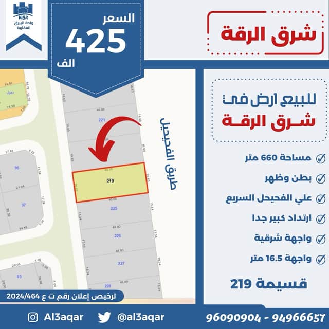 للبيع أرض فى منطقة شرق الرقة واجهة شرقية