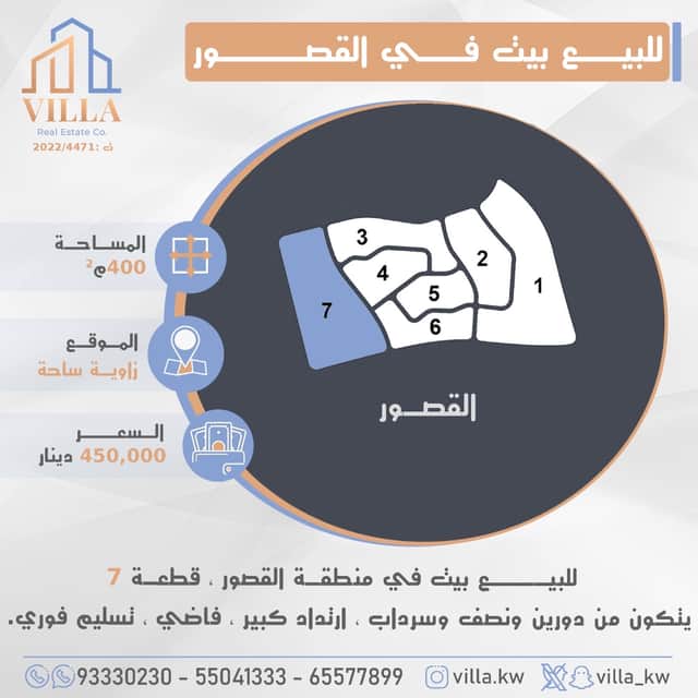 بيت زاويه للبيع فى القصور