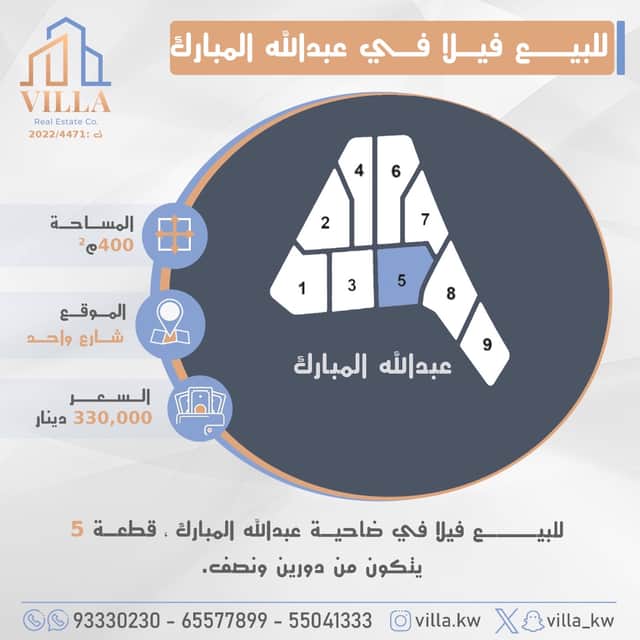 للبيع فيلا فى ضاحية عبدالله المبارك قطعة 5