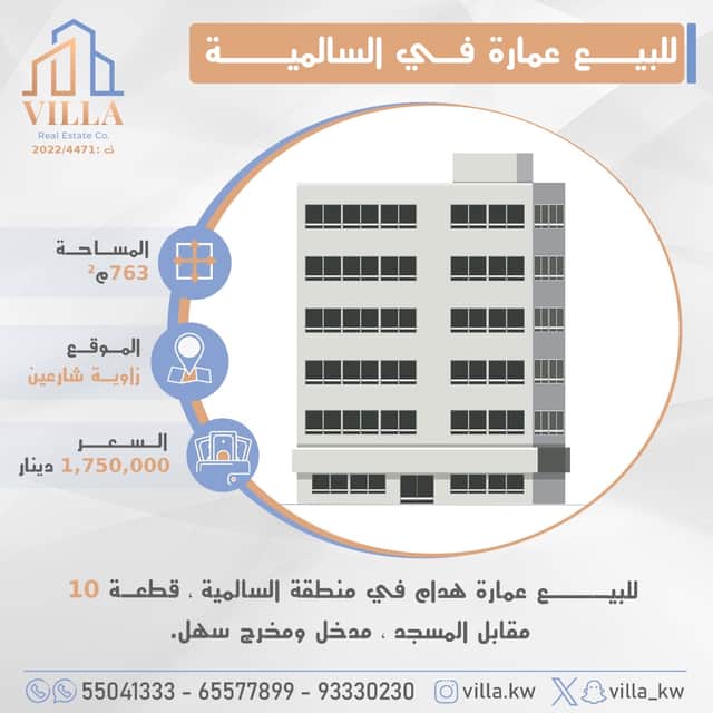 للبيع عمارة هدام زاوية بالسالمية قطعة 10