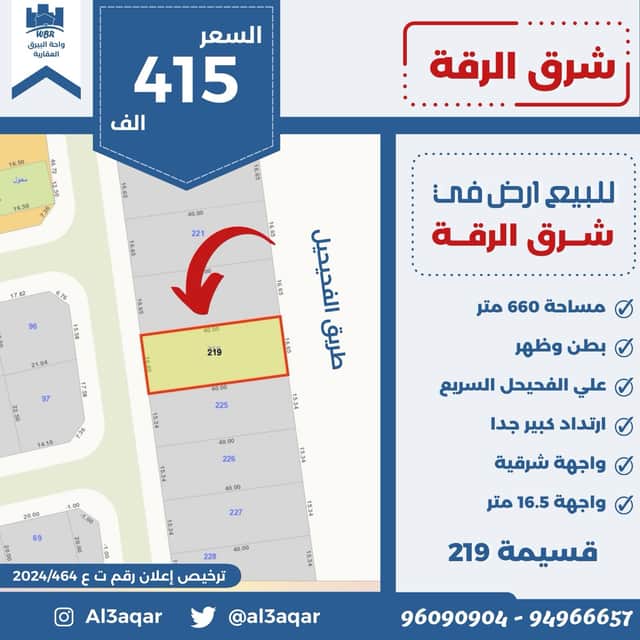 للبيع أرض فى منطقة شرق الرقة واجهة شرقية