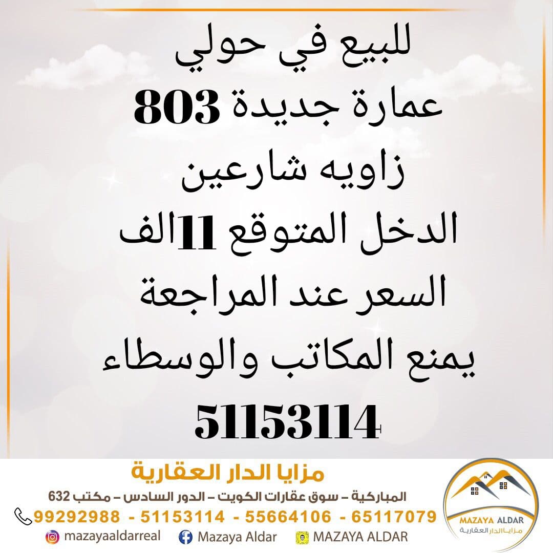 عماره جديده للبيع فى حولى زاويه
