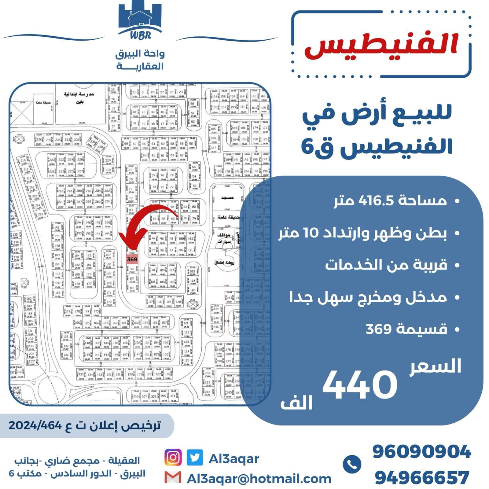 أرض للبيع بالفنيطيس قطعة 6
