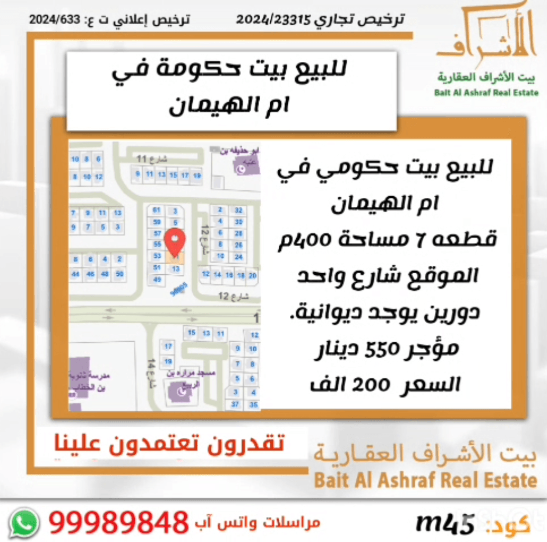 للبيع بيت حكومي فى ام الهيمان مؤجر