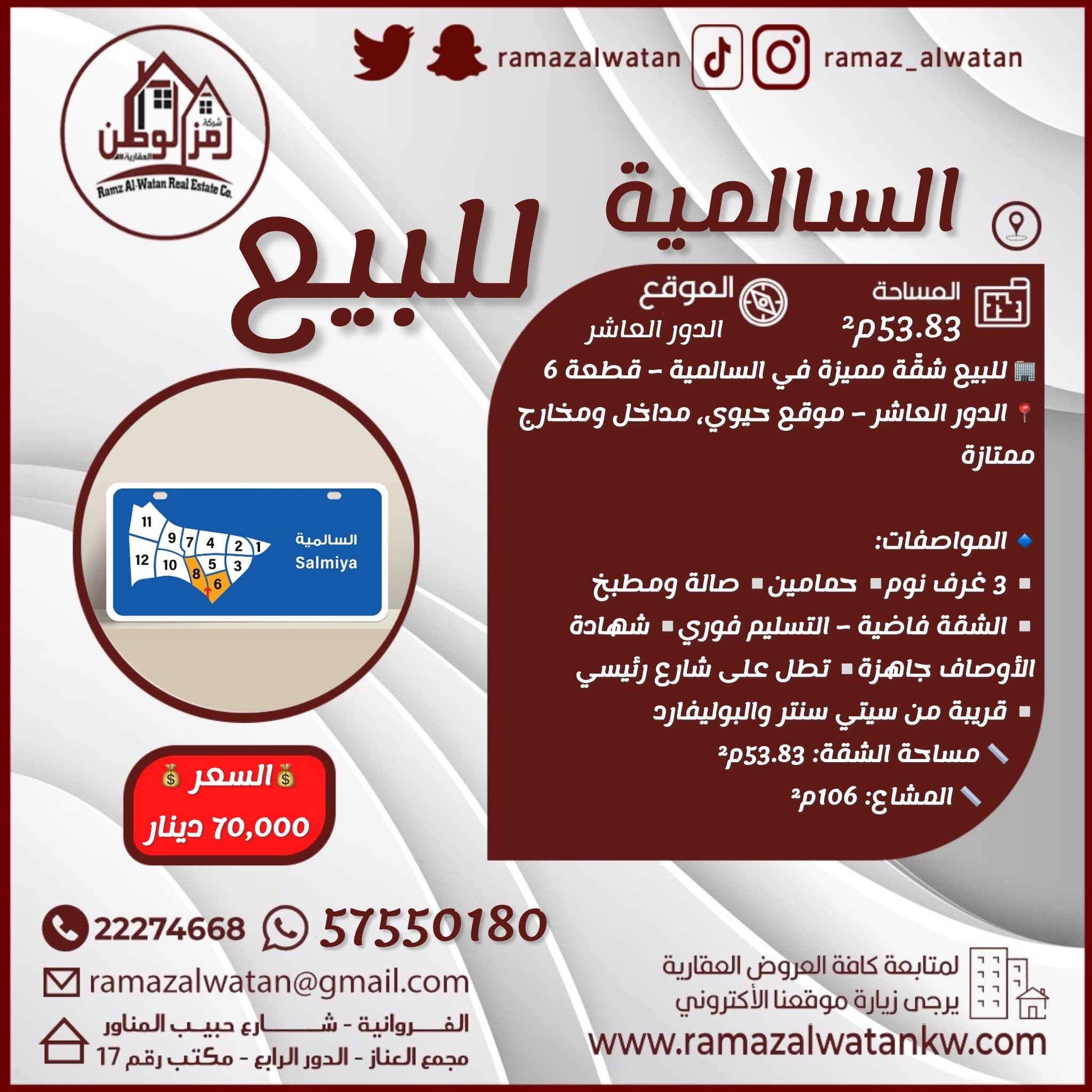 للبيع شقة مميزة فى السالمية قطعة 6