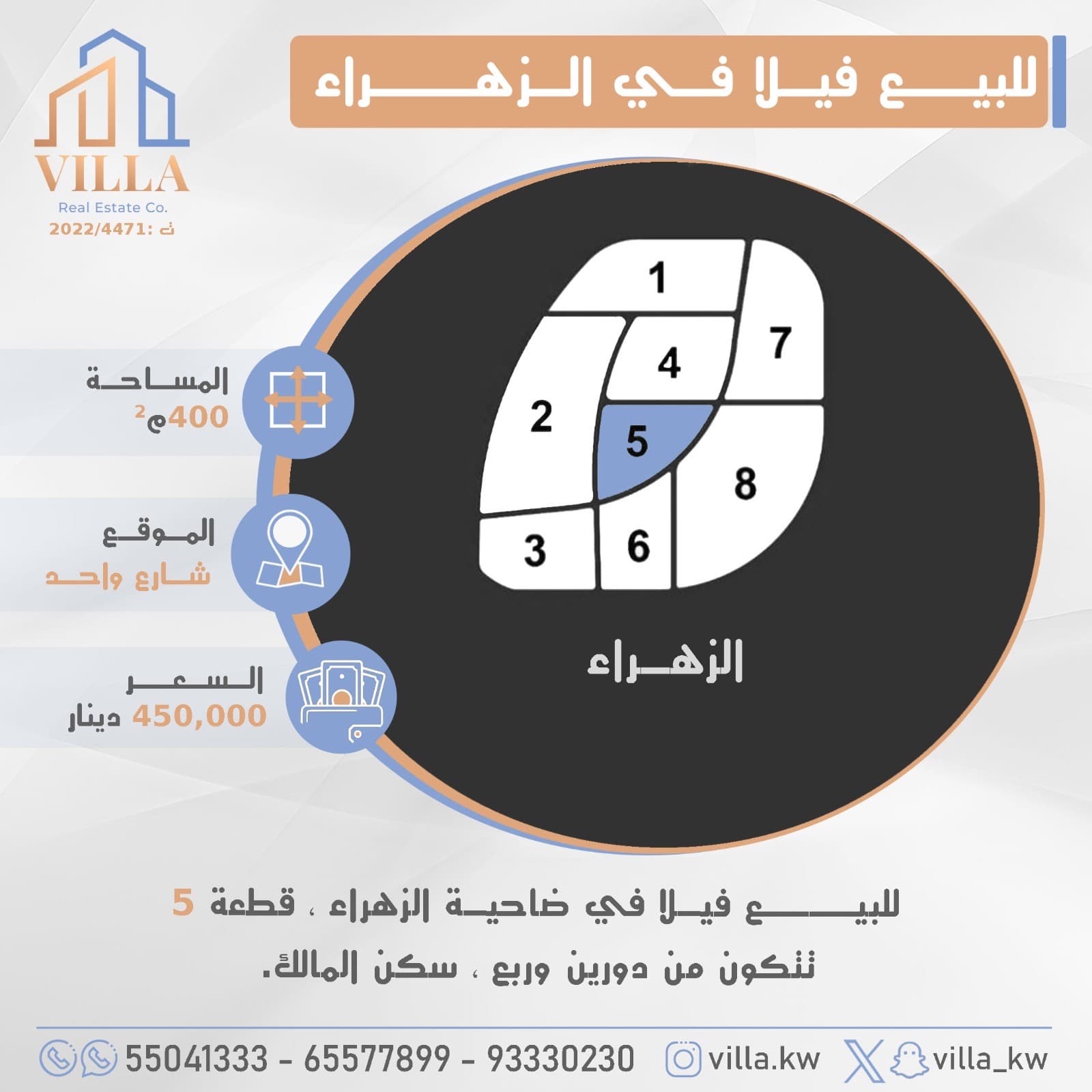 للبيع فيلا فى الزهراء قطعة 5