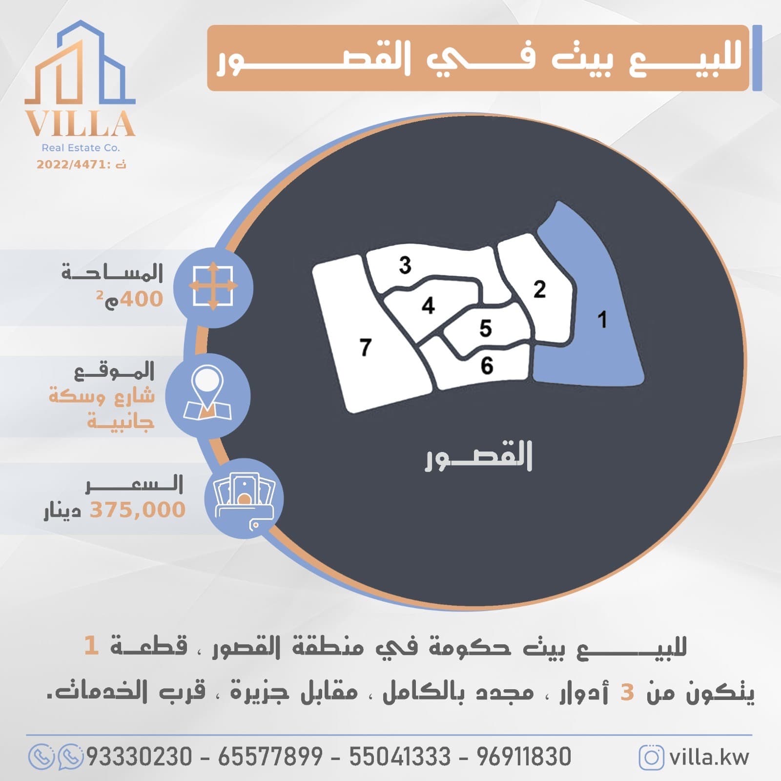 للبيع بيت حكومة فى منطقة القصور قطعة 1