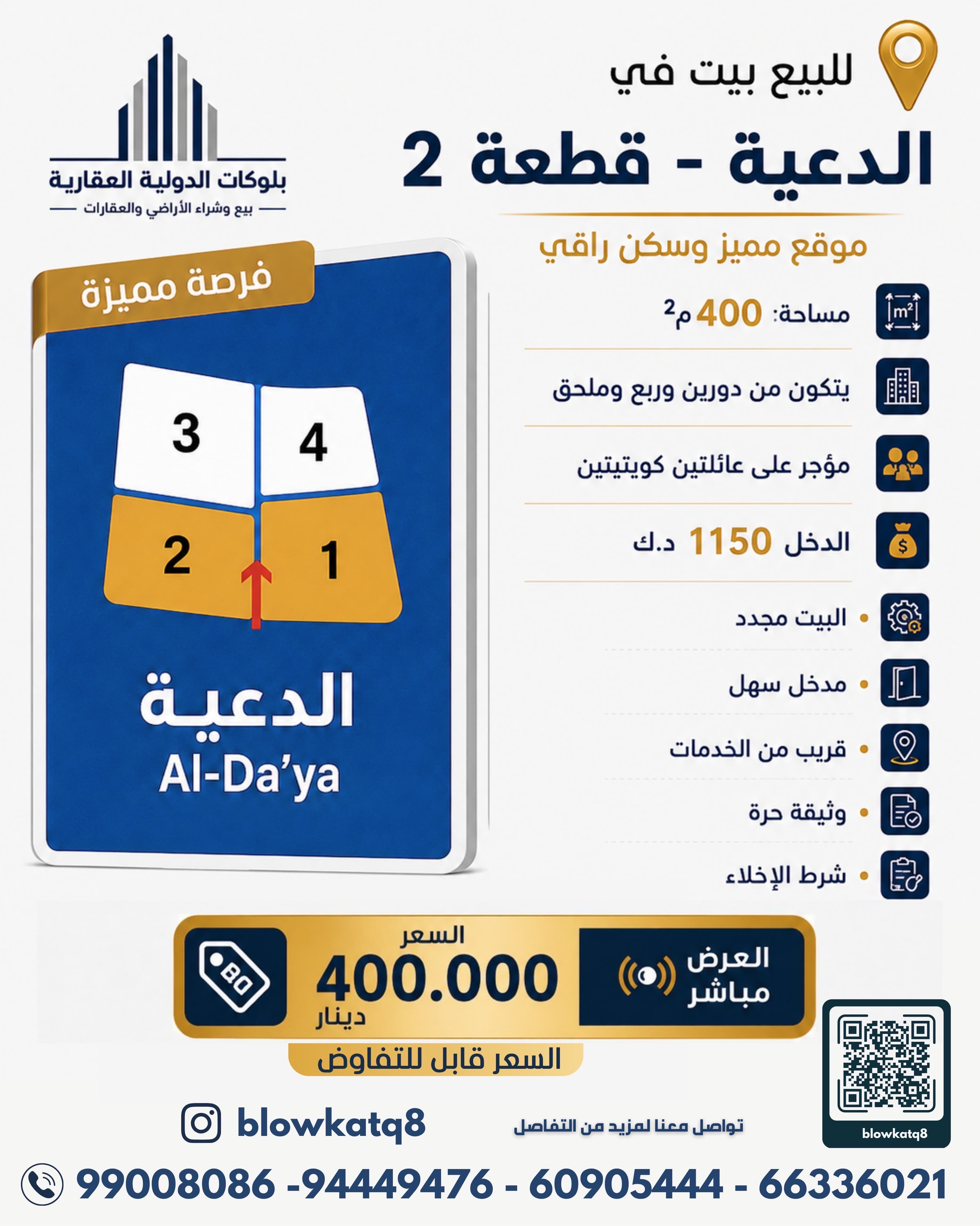 للبيع بيت مدخول فى الدعيه قطعة 2