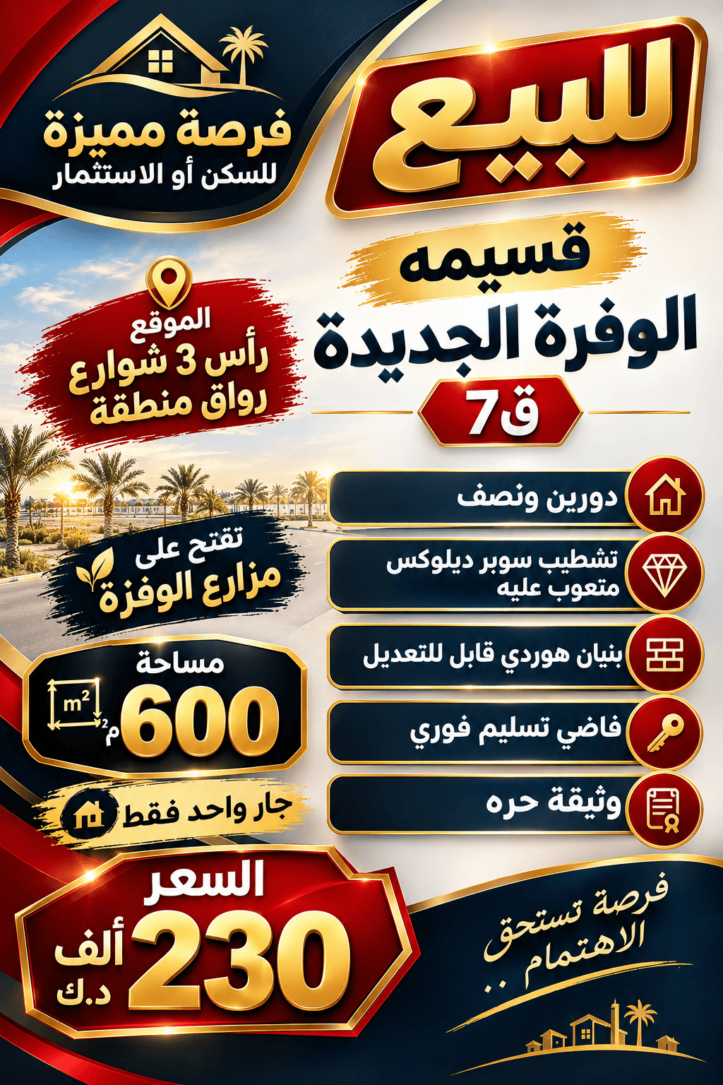 للبيع قسيمة في الوفرة الجديدة ق7