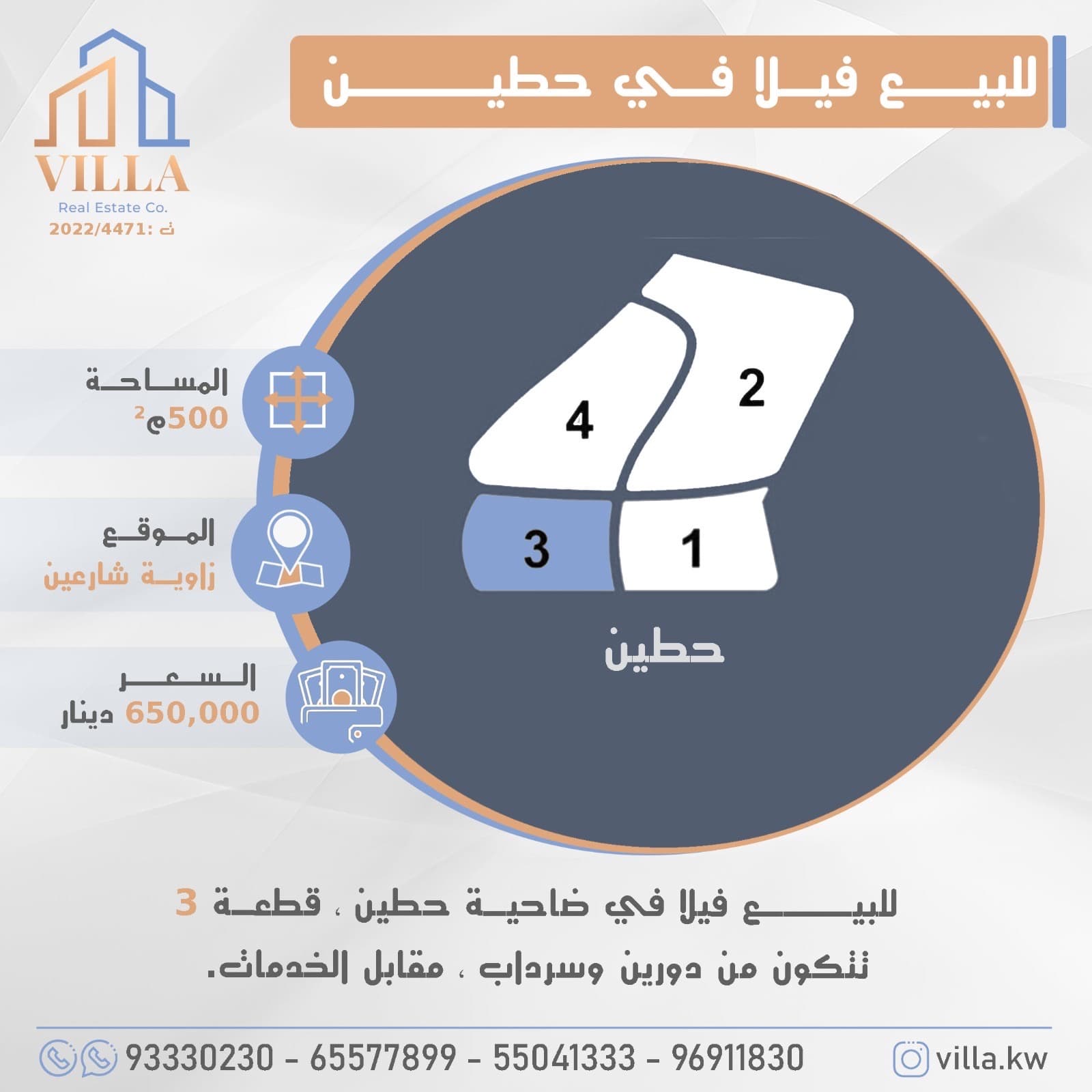 للبيع فيلا فى ضاحية حطين قطعة 3 رمز 3450 للبيع فيلا فى ضاحية حطين قطعة 3